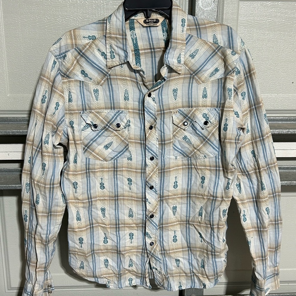 Salt Valley Blue Guitars Rockets Pearl Snap Western Shirt Mens M